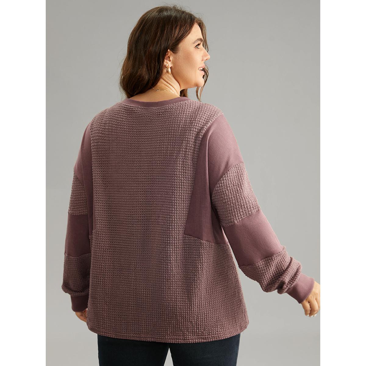 Plus Size Waffle Knit Patchwork Rib Knit Button Down Sweatshirt Women DustyPink Casual Rib Knit Open Front Dailywear Sweatshirts BloomChic 22-24/3X Product Image