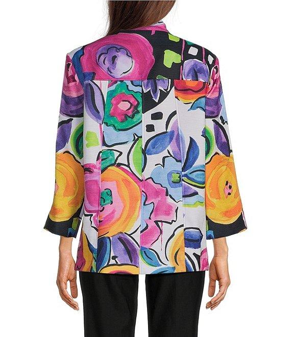 Ali Miles Petite Size Woven Floral Wire Collar 3/4 Sleeve Button Front Jacket Product Image