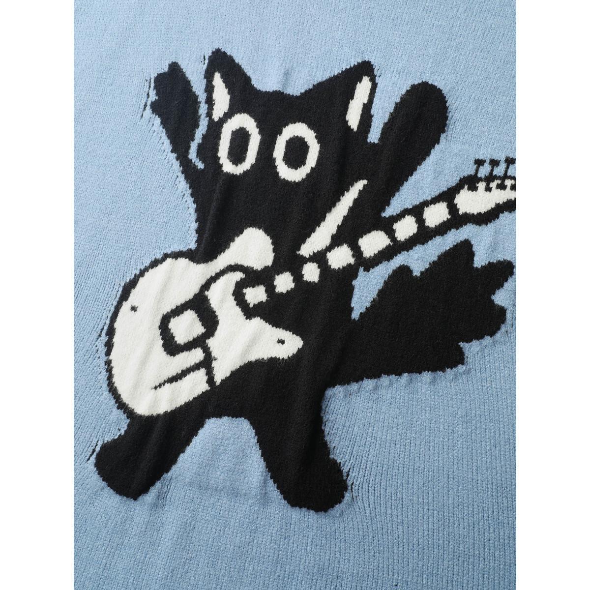 Plus Size Cat Pattern Jacquard Pullover Stone Women Playful Loose Long Sleeve Round Neck Casual Pullovers BloomChic 18-20/2X Product Image