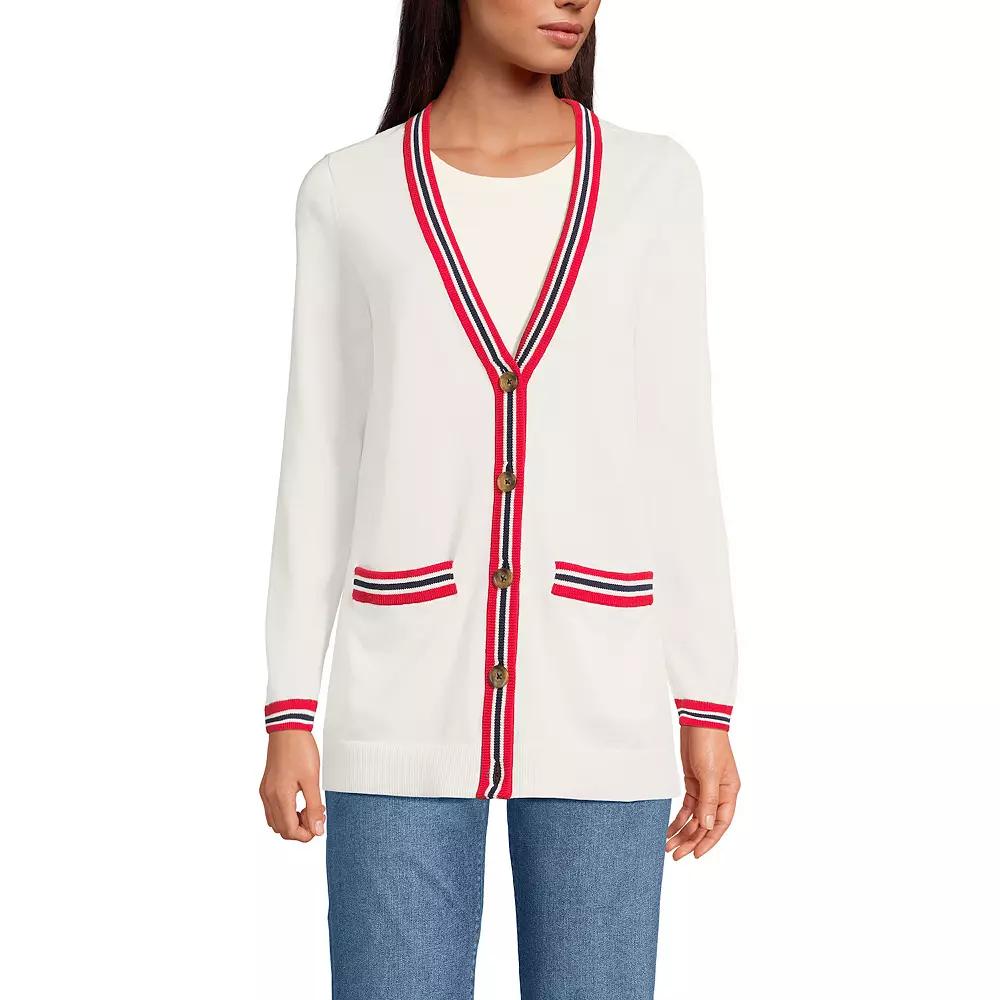 Women's Lands' End Cotton V-Neck Cardigan Sweater, Size: Large, Red Blue Tip Stripe Product Image