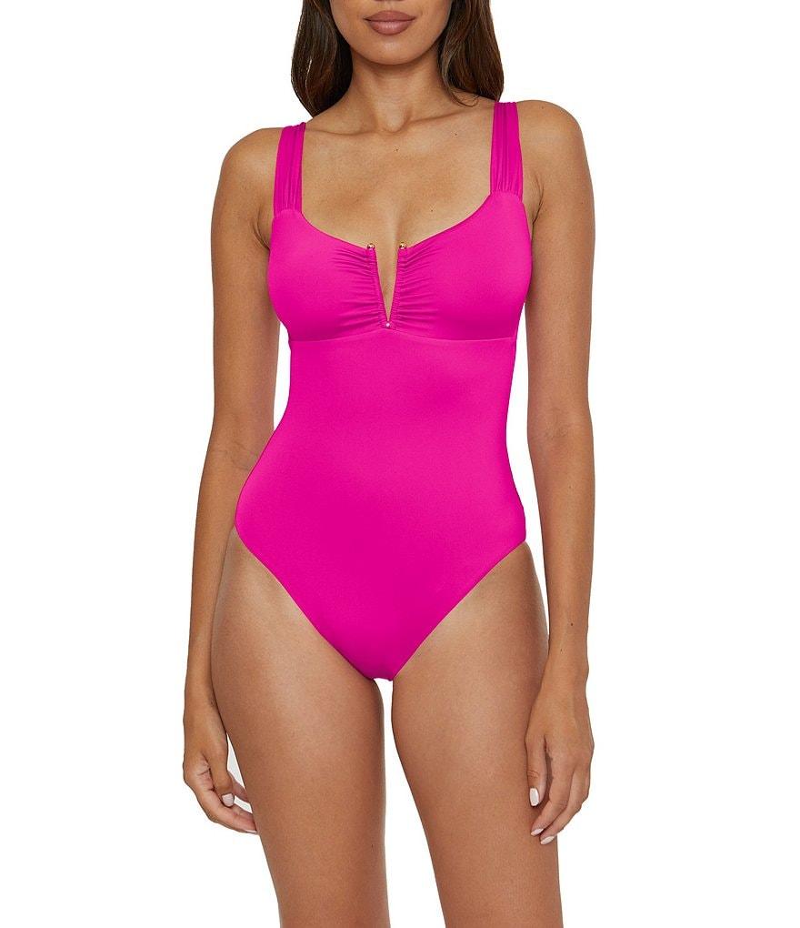 Becca By Rebecca Virtue Color Code V-Wire Neck Shirred Front One Piece Swimsuit Product Image