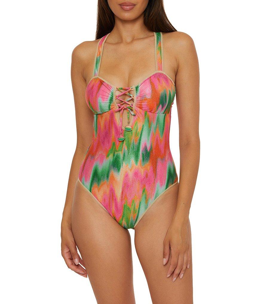 Becca By Rebecca Virtue Mirage Metallic Sweetheart Neck Lace-Up Bandeau One Piece Swimsuit Product Image