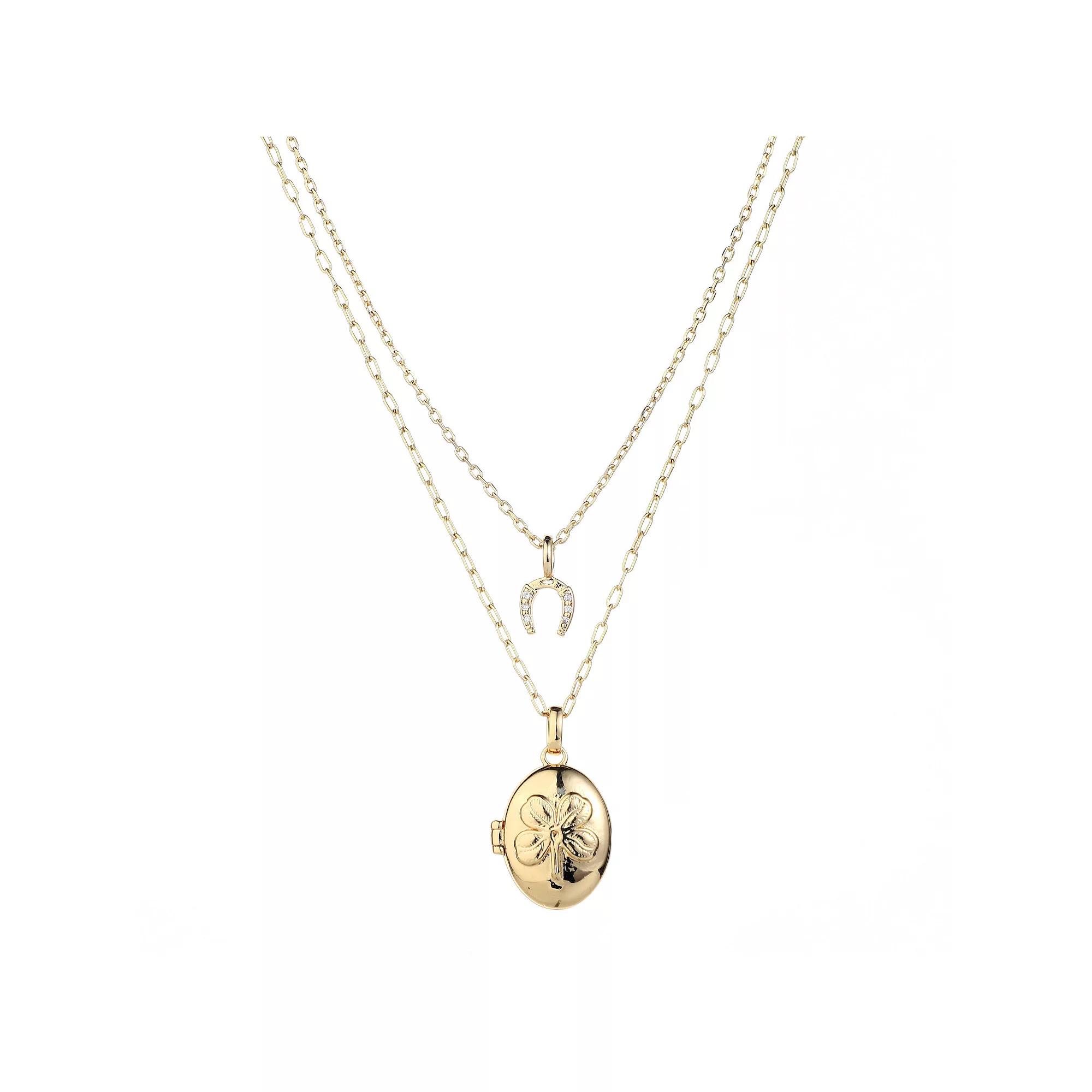 Forever Close 2-pc. 14k Gold Flash Plated Cubic Zirconia Horseshoe & Clover Oval Locket Necklace Set, Women's, Size: 16/18", Gold Tone Product Image