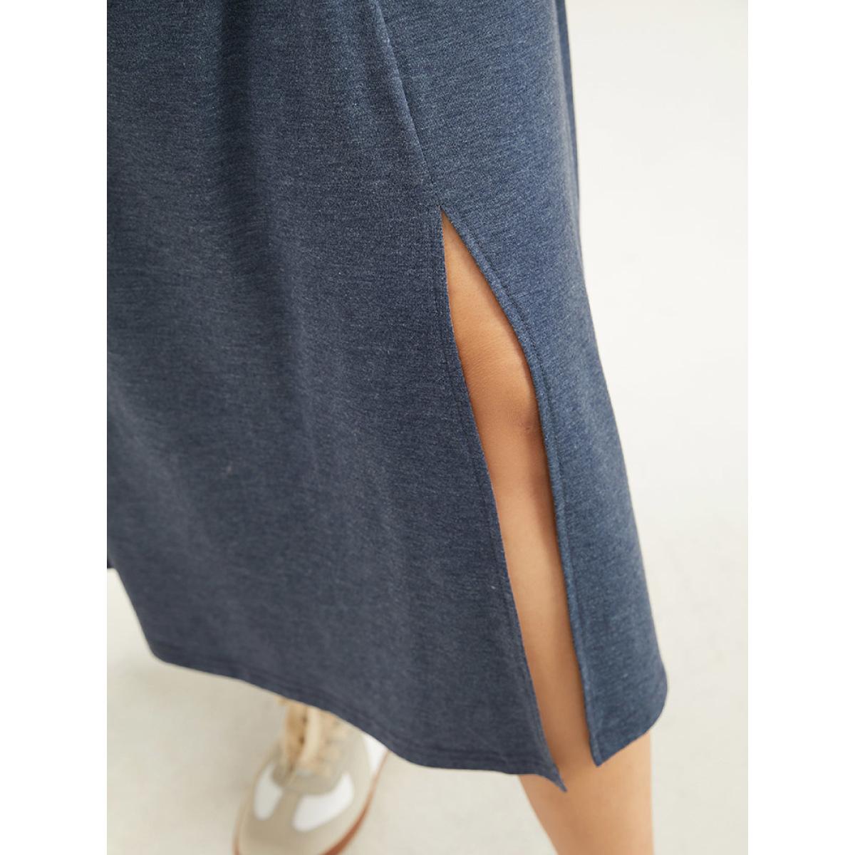Plus Size Plain Crew Neck Twist Front Split Hem Dress Indigo Women Casual Plain Round Neck Long Sleeve Curvy Midi Dress BloomChic 30/6X Product Image