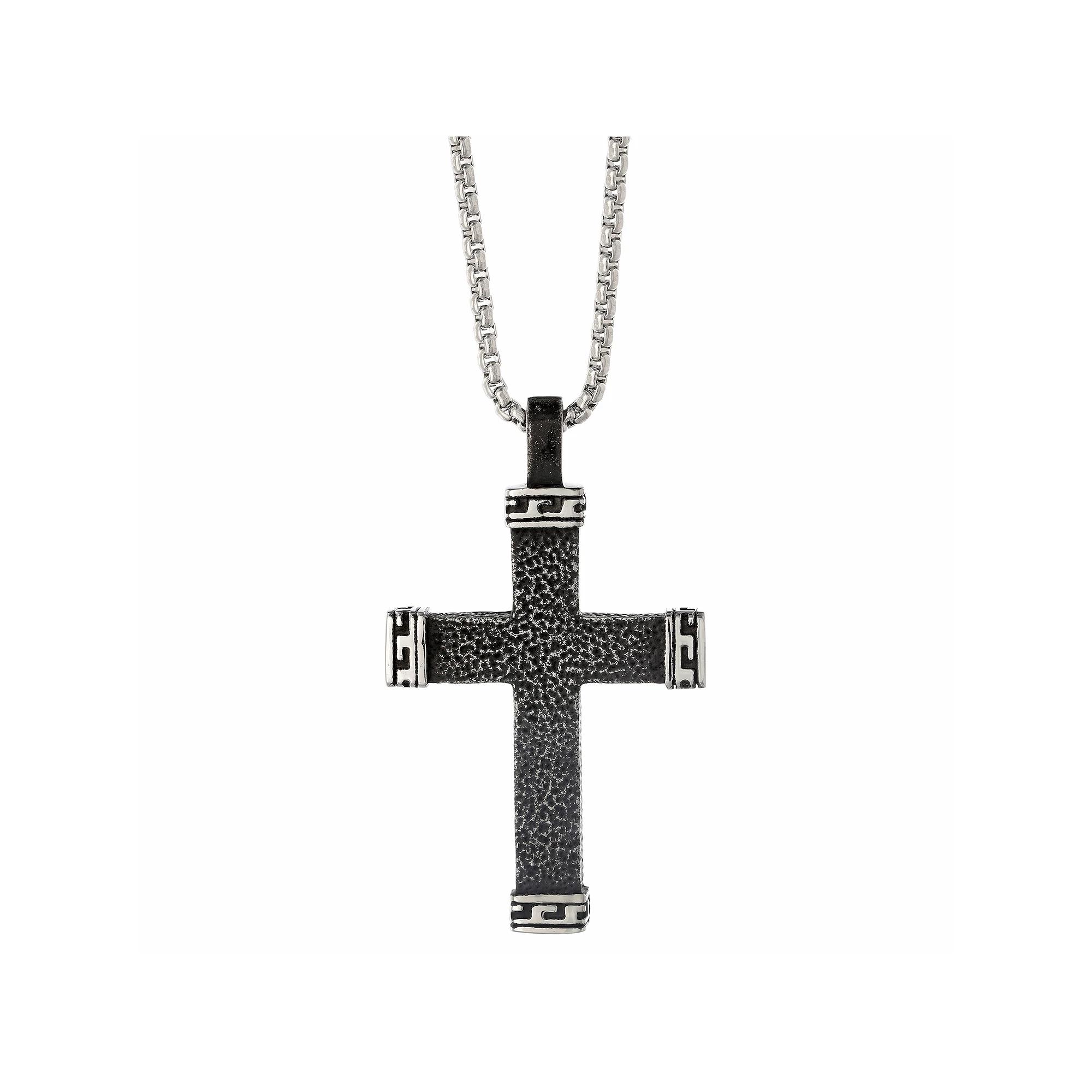 Men's LYNX Black Ion-Plated Stainless Steel Textured Cross Pendant Necklace, Size: 24", Two Tone Product Image