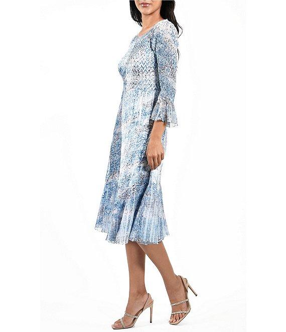 Komarov Boat Neck 3/4 Flutter Sleeve Printed Dress Product Image