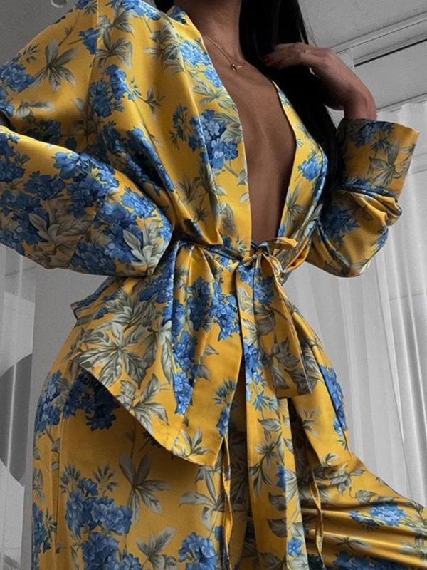 Loose Printed Split-Joint Deep V-Neck Lace-Up Blouse + Drawstring Elasticity Pants Trousers Two Pieces Set Product Image