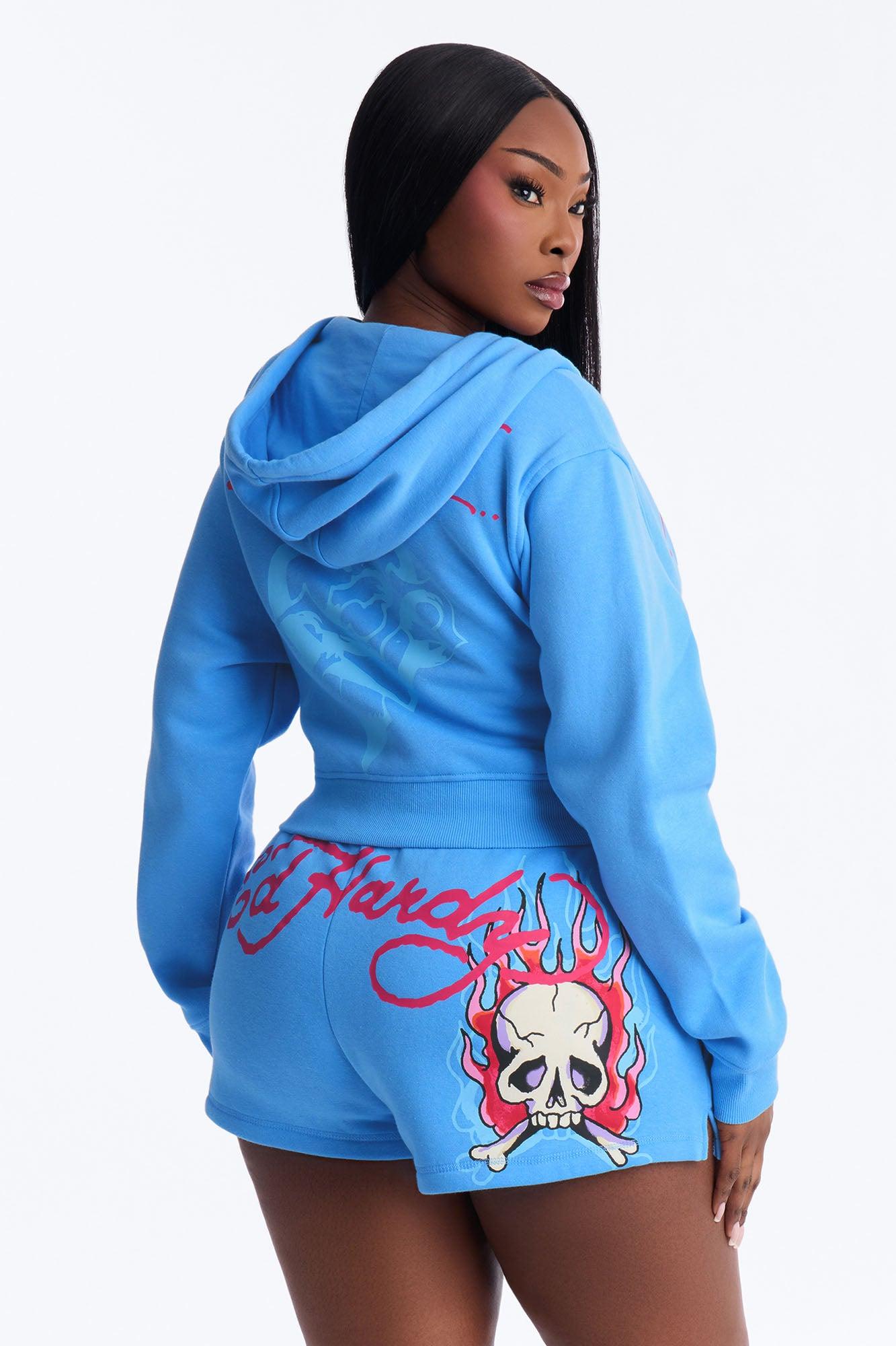 Ed Hardy Pink Flame Skull Fleece Short Set - Blue Female Product Image