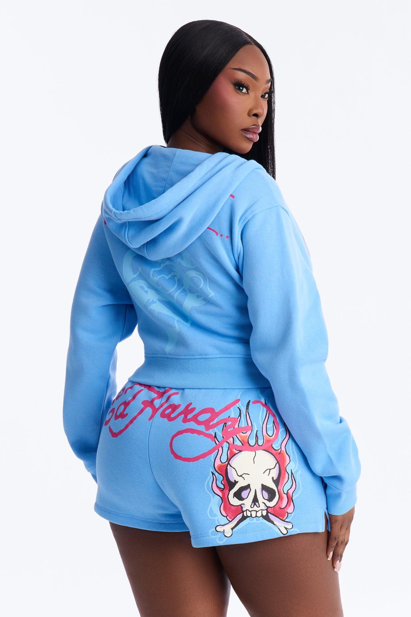 Ed Hardy Pink Flame Skull Fleece Short Set - Blue Female Product Image