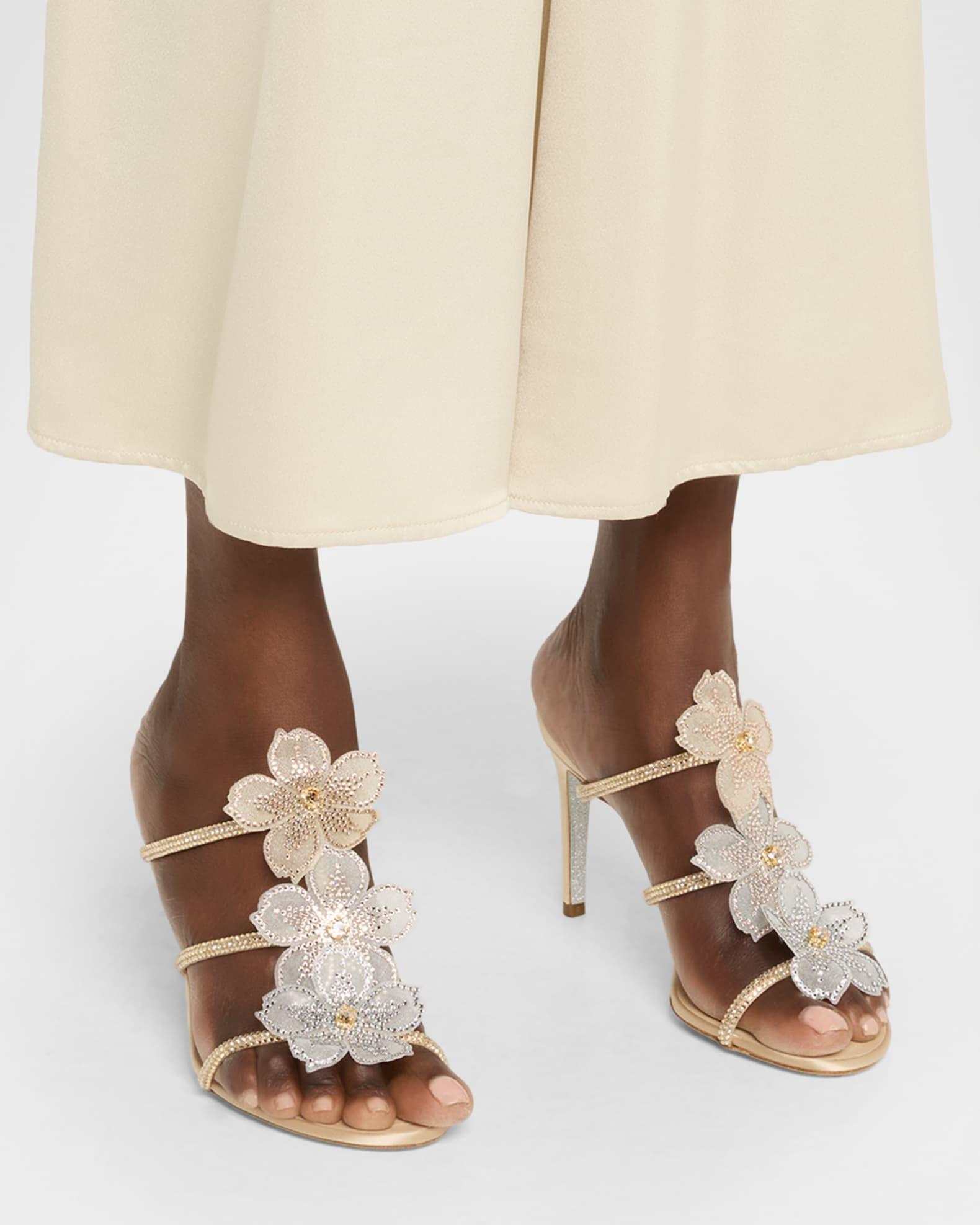 Floraine Crystal Flower Satin Cage Slide Sandals Product Image