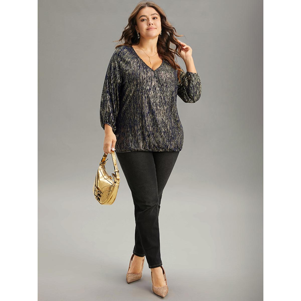 Plus Size DarkBlue Glitter Galaxy Wrap Lantern Sleeve Blouse Women Cocktail Elbow-length sleeve Overlap Collar Party Blouses BloomChic 26/4X Product Image