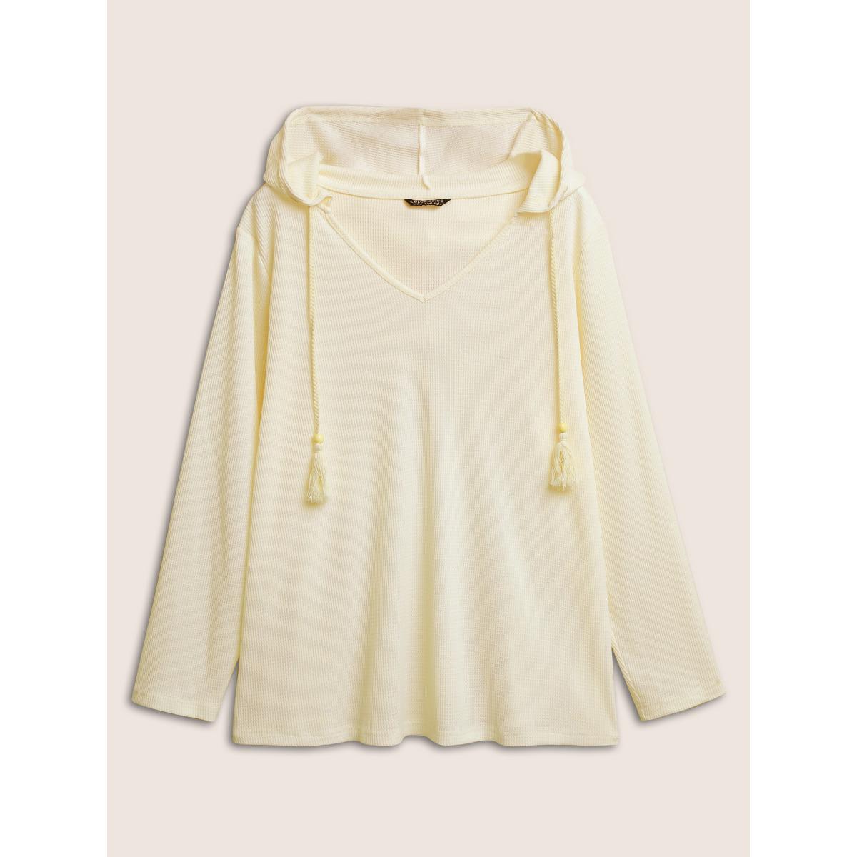 Plus Size Plain Waffle Knit Tassel Trim Hooded Sweatshirt Women Beige Casual Tassels V-neck Everyday Sweatshirts BloomChic 10/M Product Image