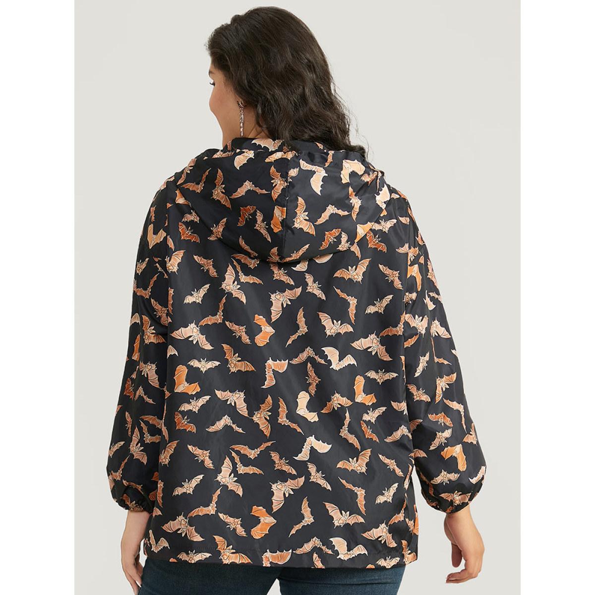 Plus Size Halloween Bat Pattern Zipper Fly Hooded Coat Women Black Elastic cuffs Pocket Dailywear Jackets BloomChic 26/4X Product Image