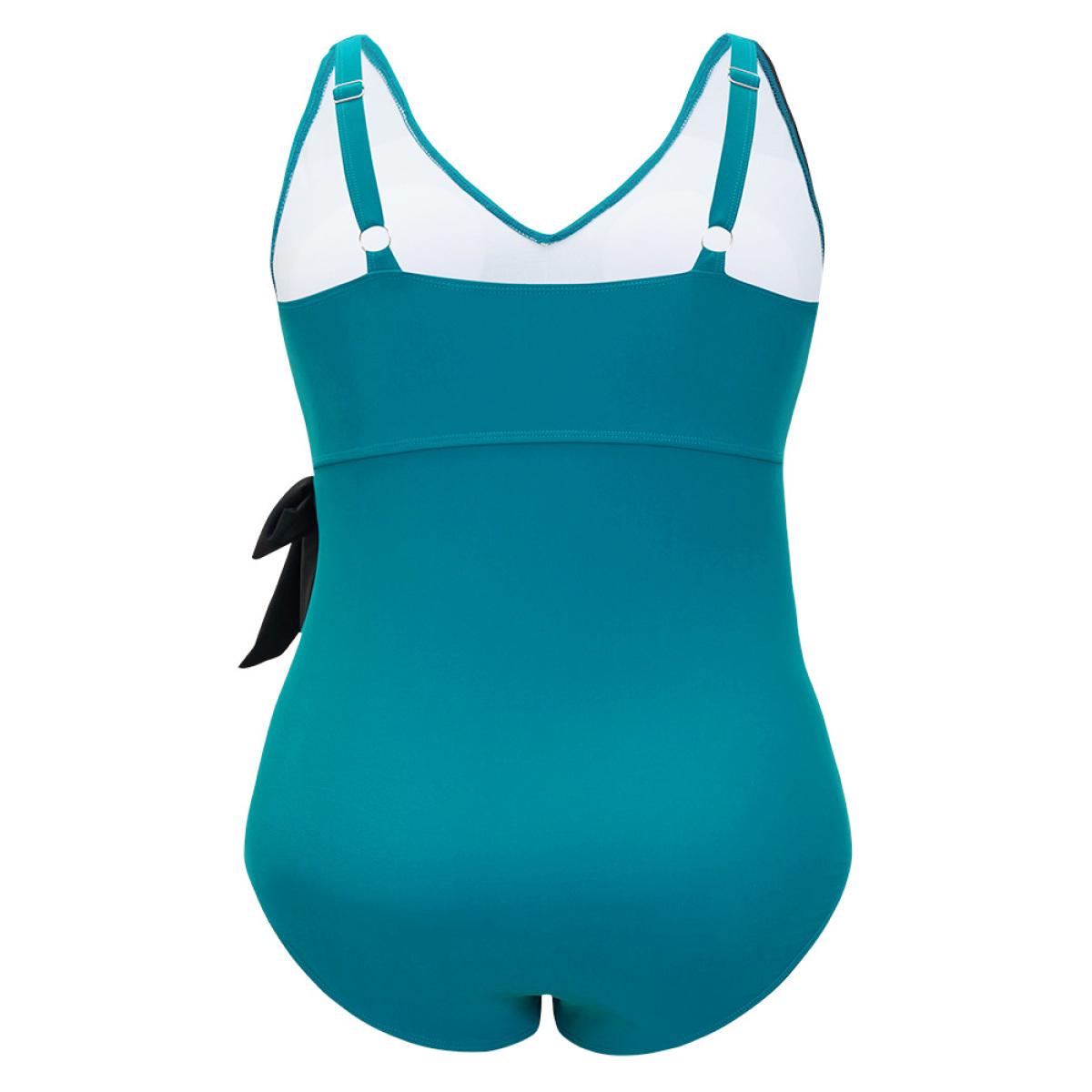 Plus Size Colorblock Contrast Knot Side V Neck One Piece Swimsuit Women's Swimwear Teal Vacation Adjustable Straps Curve Bathing Suits High stretch One Pieces BloomChic 26/4X Product Image
