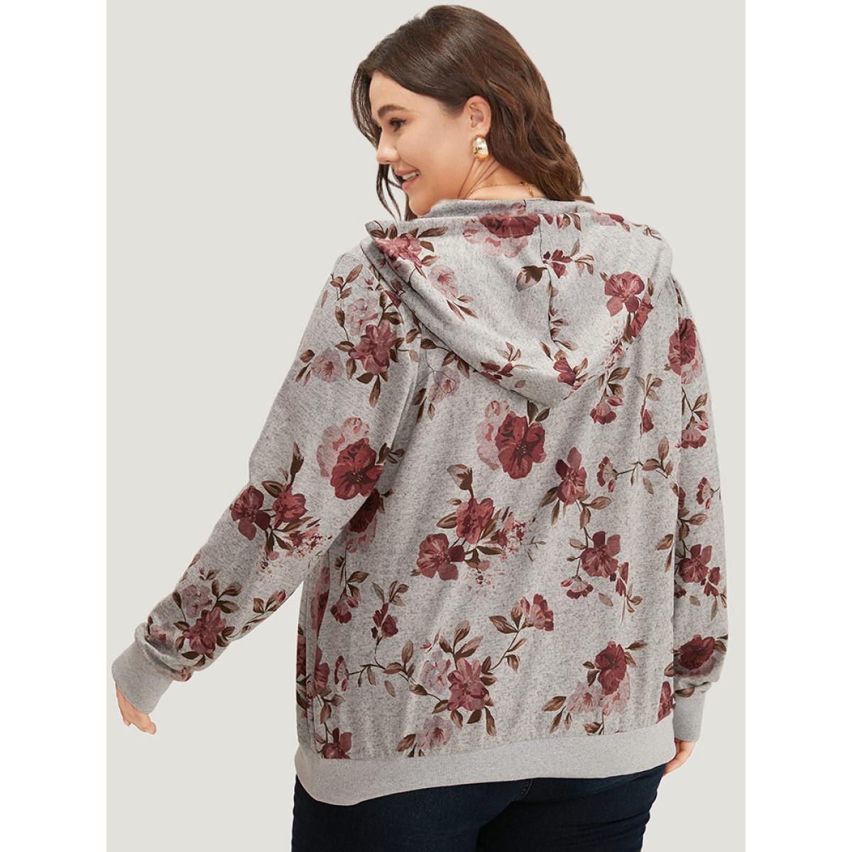 Plus Size Floral Print Pocket Drawstring Hooded Sweatshirt Women Gray Casual Printed Hooded Dailywear Sweatshirts BloomChic 22-24/3X Product Image