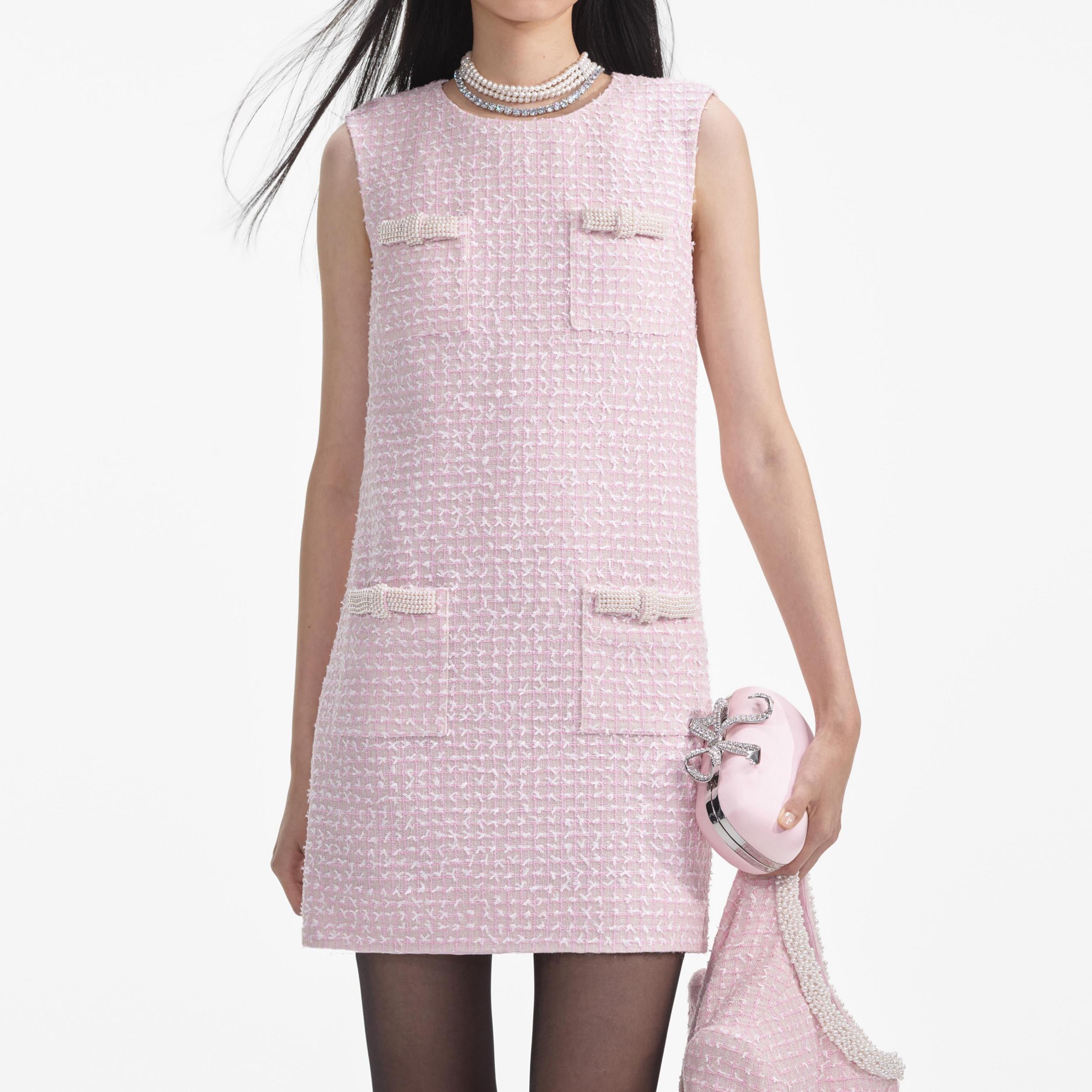 Pink Boucle Pearl Trim Mini Dress Product Image