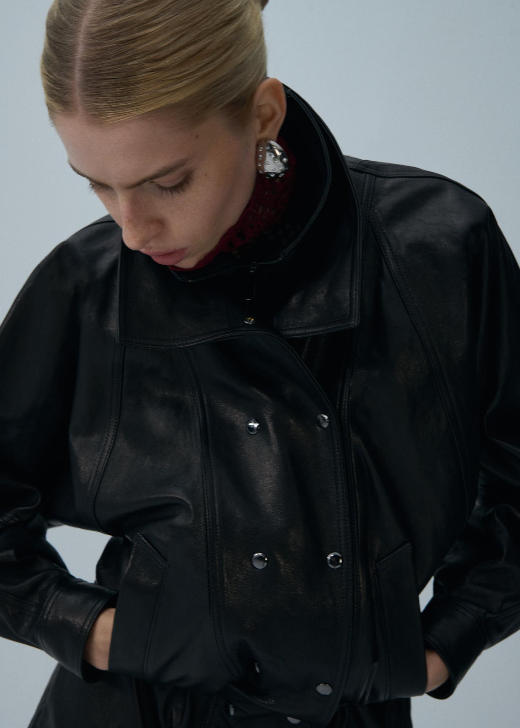 Cinched leather jacket in black Product Image