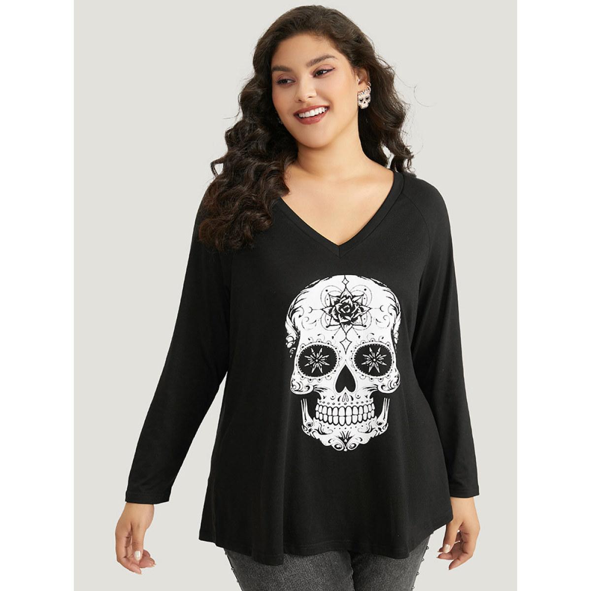 Plus Size Halloween Skull Print Long Sleeve T-shirt Black Women Casual Printed Halloween Festival-Halloween T-shirts BloomChic 18-20/2X Product Image