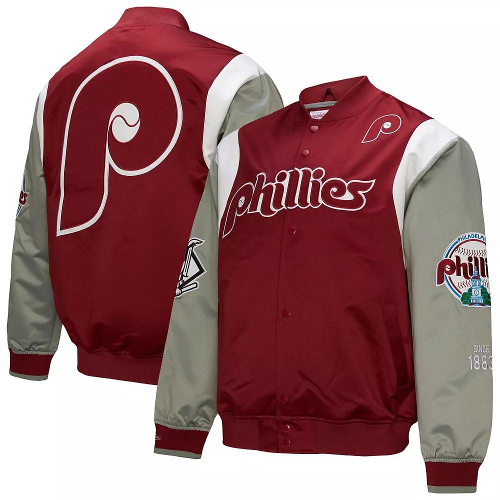 Men's Mitchell & Ness Burgundy/Gray Philadelphia Phillies Cooperstown Collection Team Origins Satin Full-Snap Jacket,  Product Image