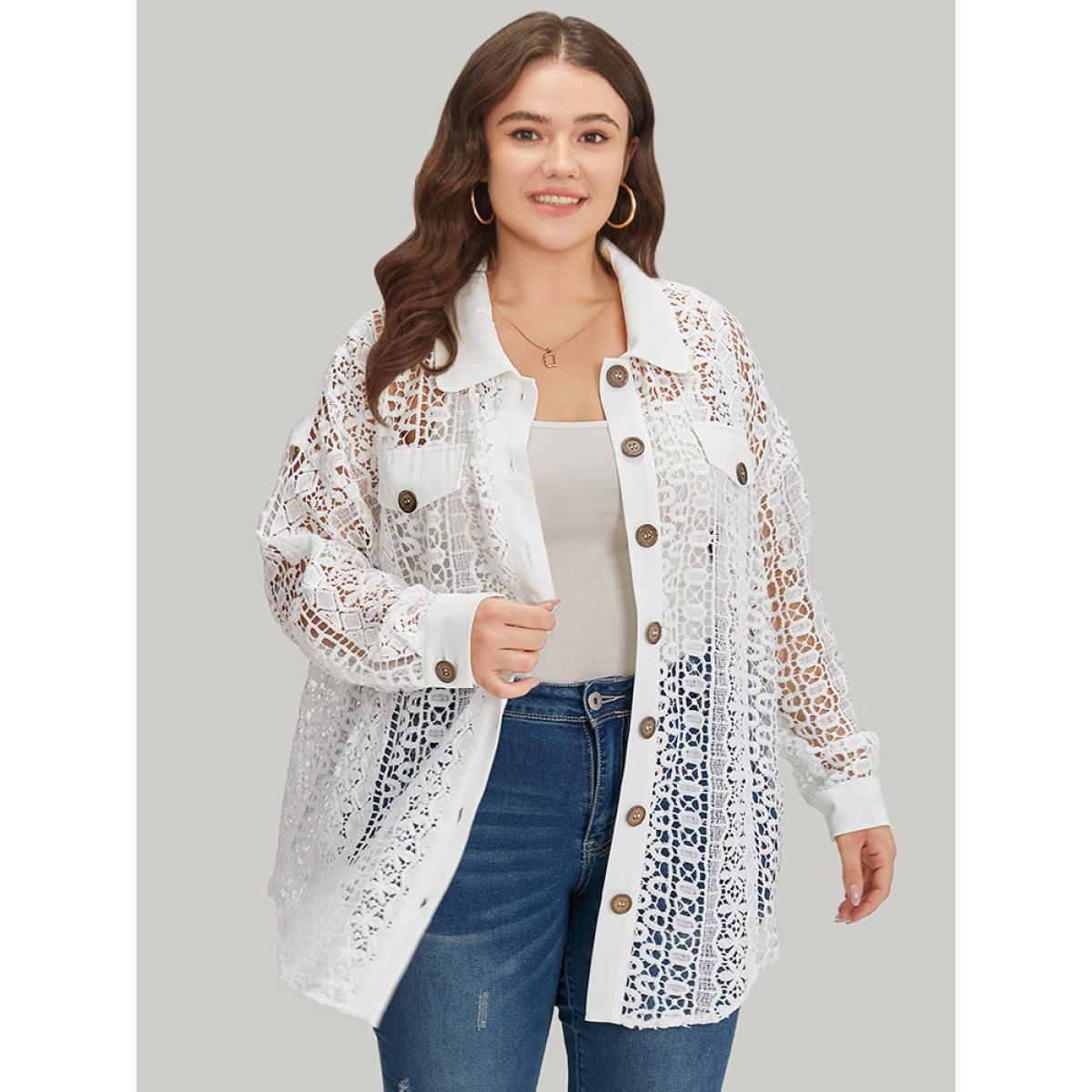 Plus Size Plain Cut Out Lace Patchwork Button Through Jacket Women White Casual Patchwork Ladies Dailywear Winter Coats BloomChic 10/M Product Image