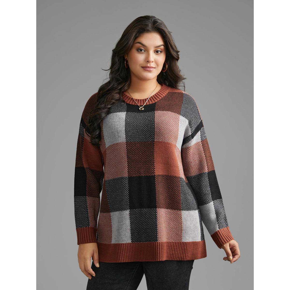 Plus Size Plaid Contrast Slit Hem Pullover Yellowishbrown Women Casual Loose Long Sleeve Round Neck Everyday Pullovers BloomChic 12/L Product Image