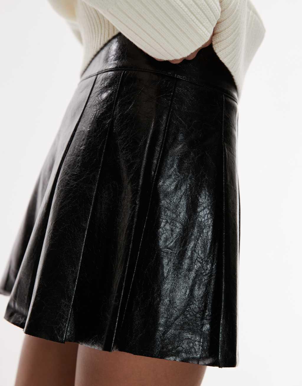 Mango mini leather look pleated skirt in black Product Image
