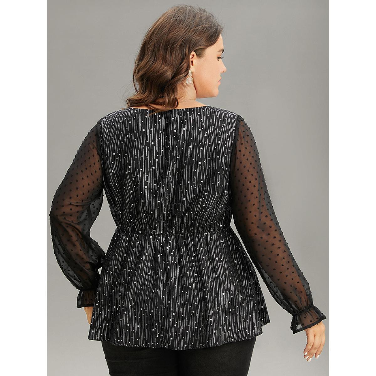 Plus Size Black Plain Textured Glitter Patchwork Square Neck Blouse Women Glamour Long Sleeve Square Neck Party Blouses BloomChic 22-24/3X Product Image