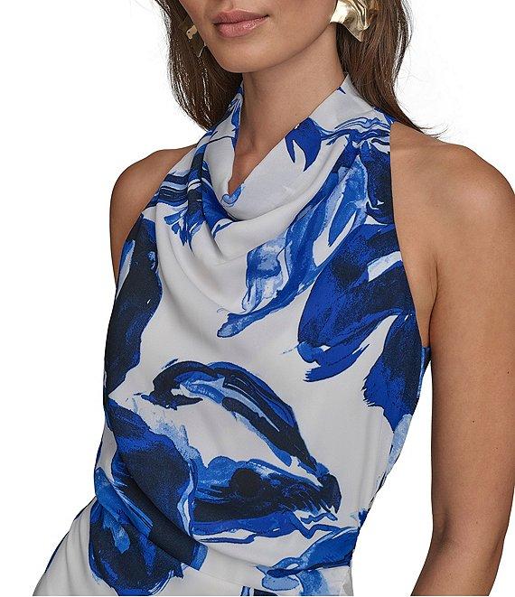 Donna Karan Cowl Neck Floral Print Asymmetric Hem Midi Dress Product Image