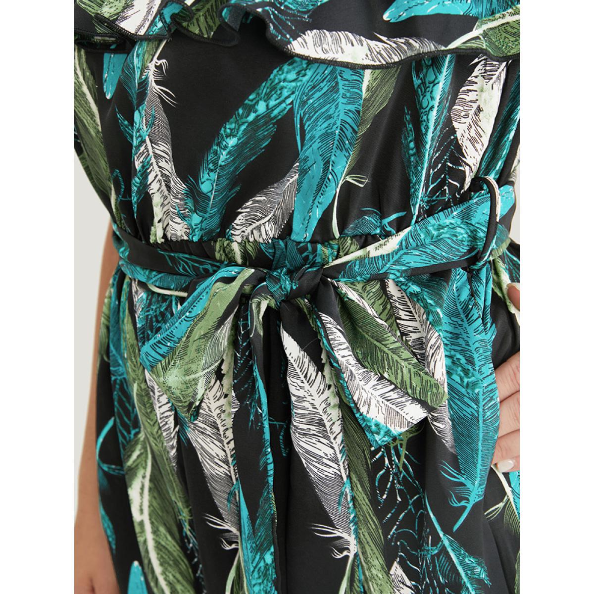 Plus Size Black Tropical Cold Shoulder Pocket Belted Ruffle Trim Jumpsuit Women Vacation Short sleeve Cold Shoulder Dailywear Loose Jumpsuits BloomChic 28/5X Product Image