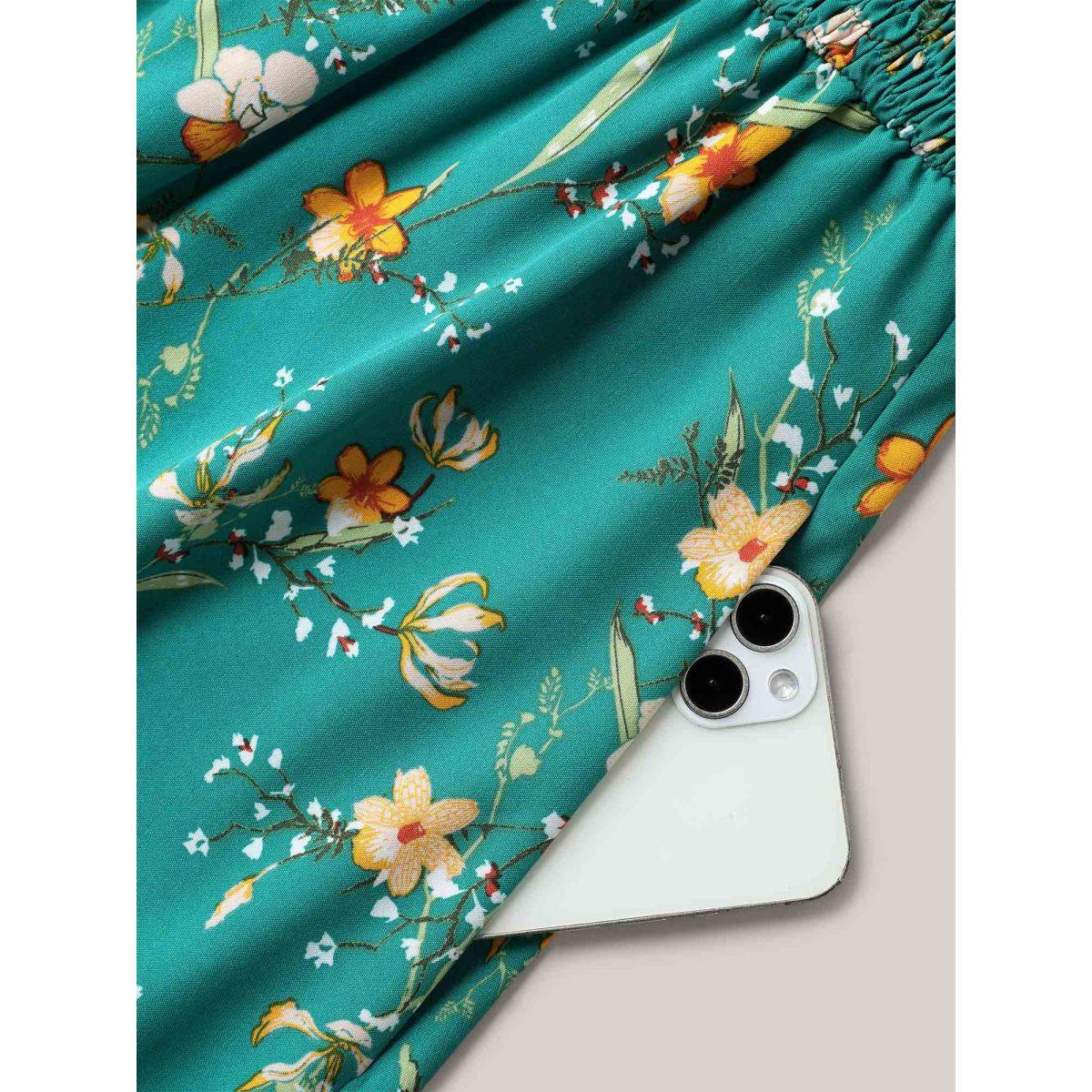 Plus Size Shirred Printed Flutter Sleeve Pockets Maxi Dress Teal Women Timeless Shirred V-neck Cap Sleeve Curvy BloomChic 26/4X Product Image