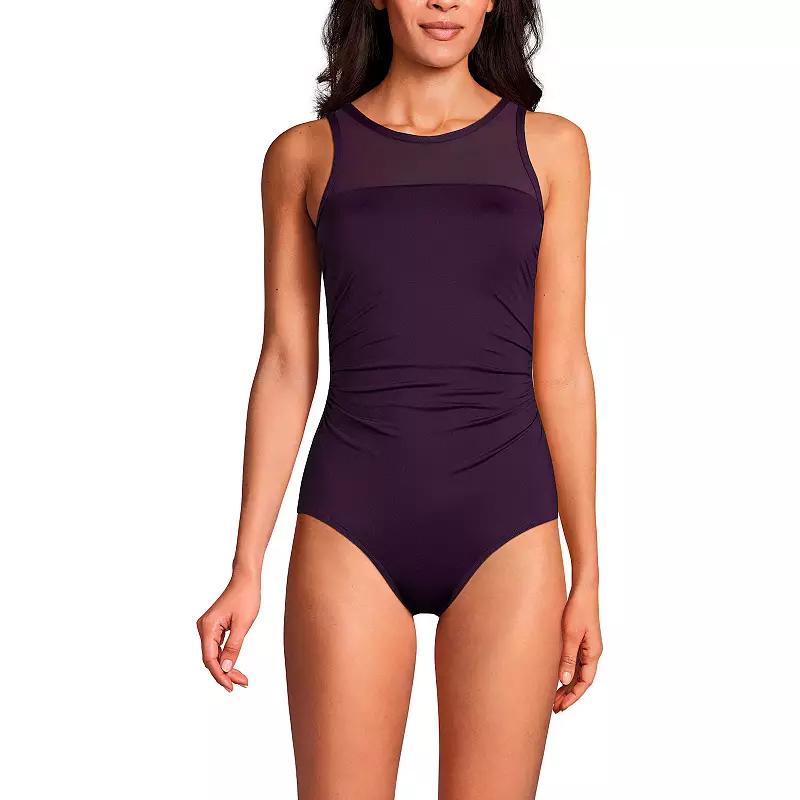 Women's Lands' End Mesh High Neck Tummy Slimming One-Piece Swimsuit, Size: 6, Blackberry Product Image