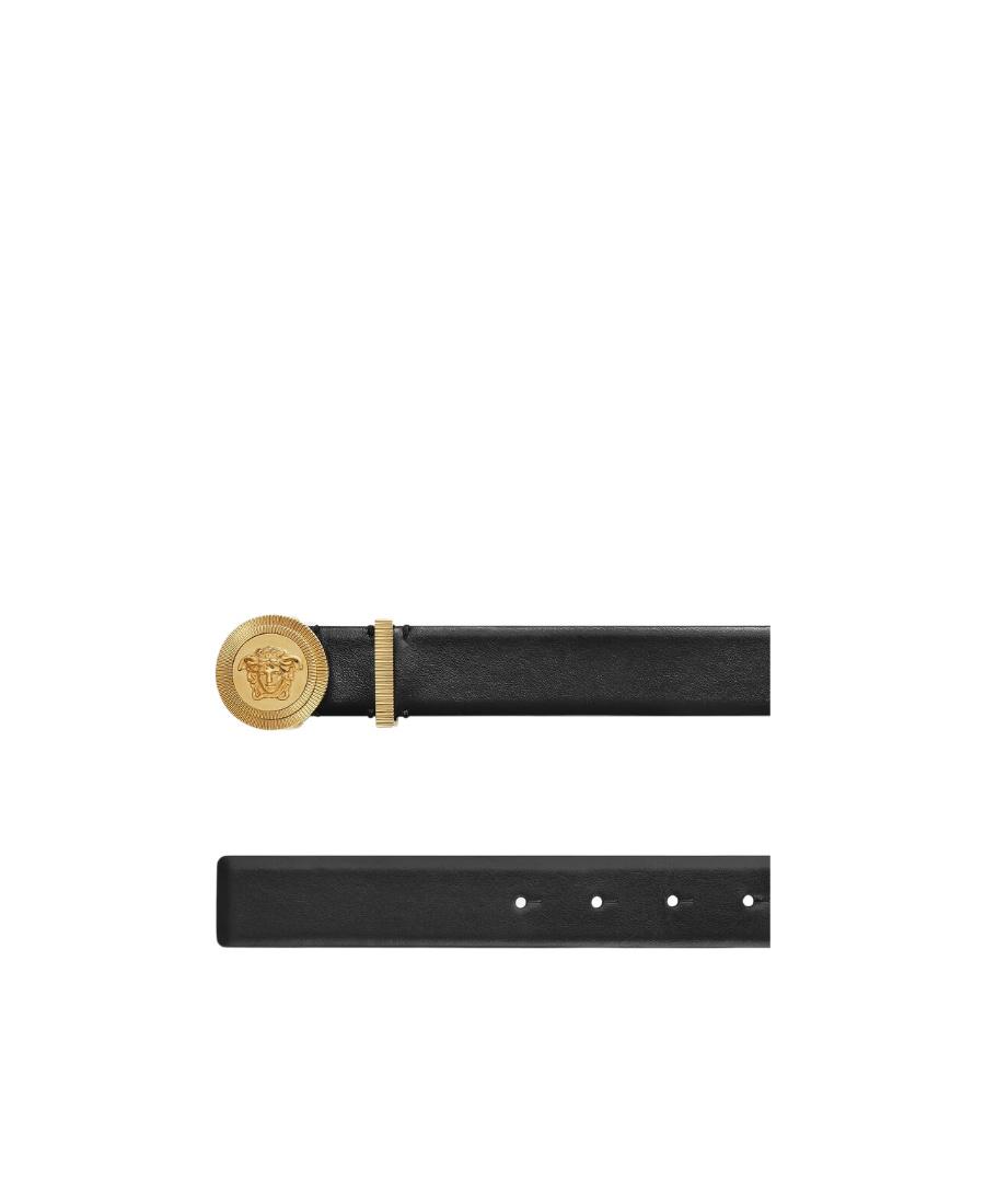 VERSACE Medusa Streamlined Leather Belt With Adjustable Length And Gold-tone Buckle In Black Product Image