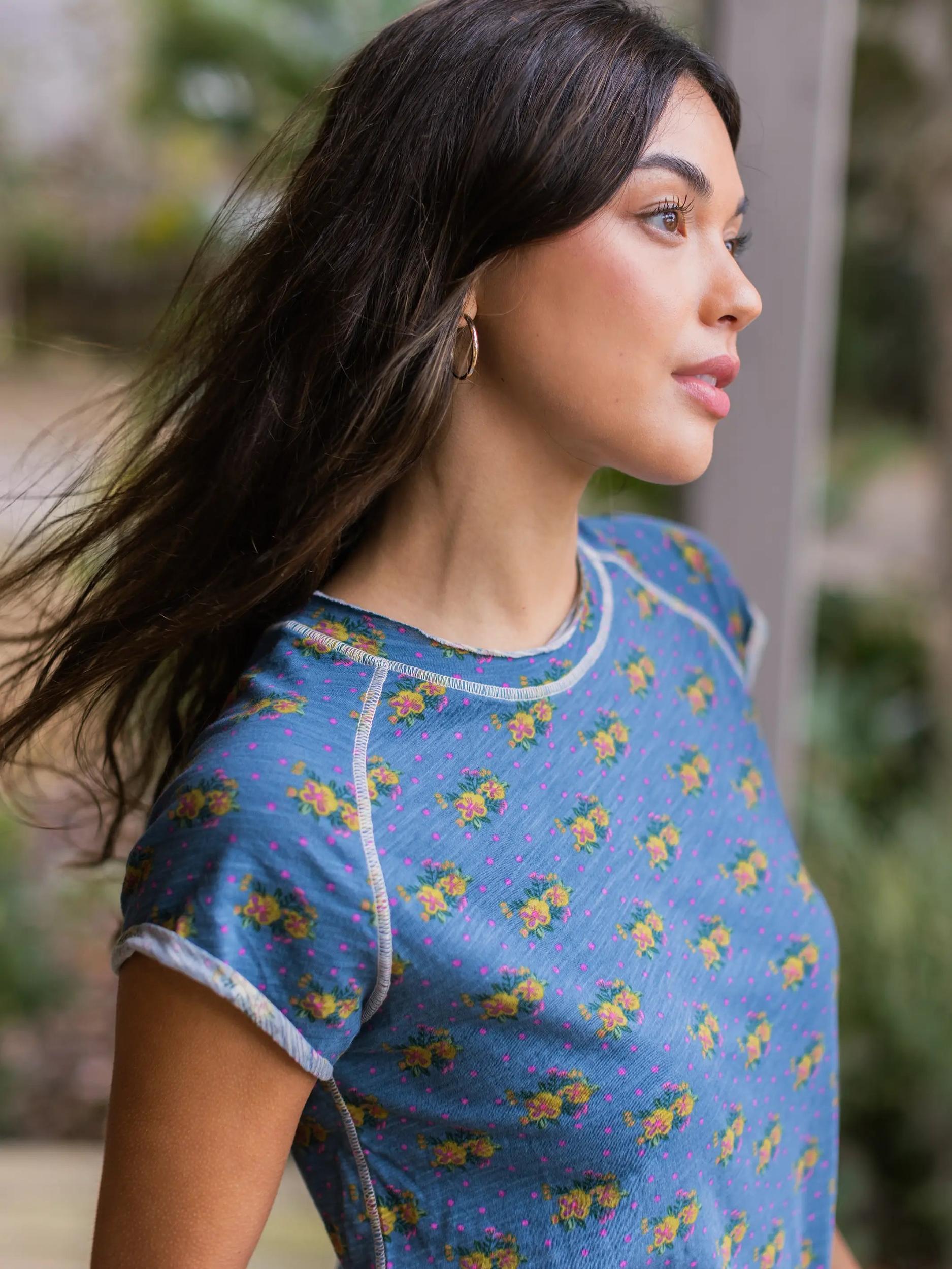 Lily Cotton Short Sleeve Tee Shirt - Blue Polka Dot Floral Product Image