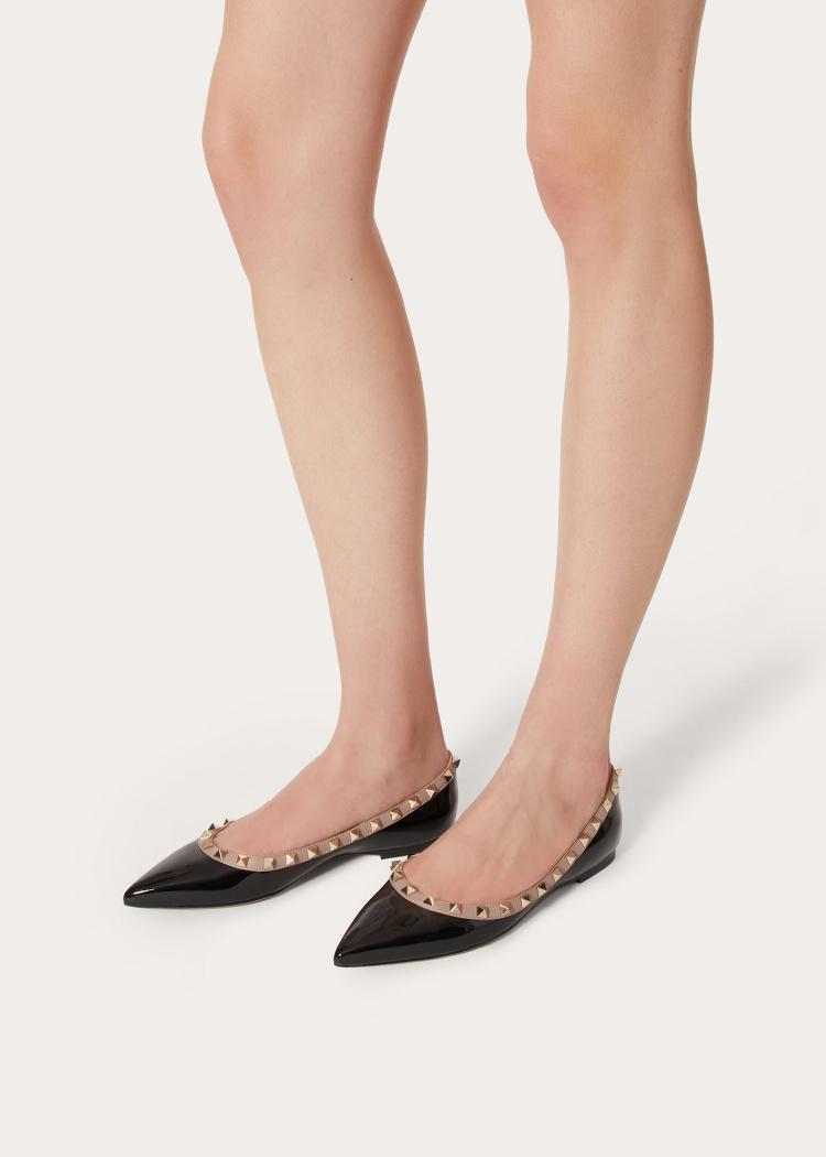VALENTINO GARAVANI Pointed Toe Studded Trim Flat Sole Ballerina In Black Product Image