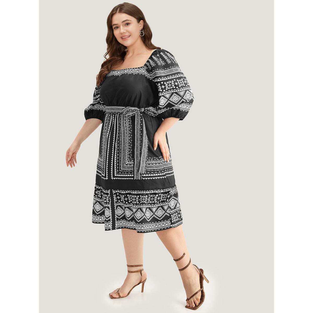 Plus Size Boho Print Square Neck Belted Dress Black Women Vacation Elastic cuffs Square Neck Elbow-length sleeve Curvy Midi Dress BloomChic 30/6X Product Image