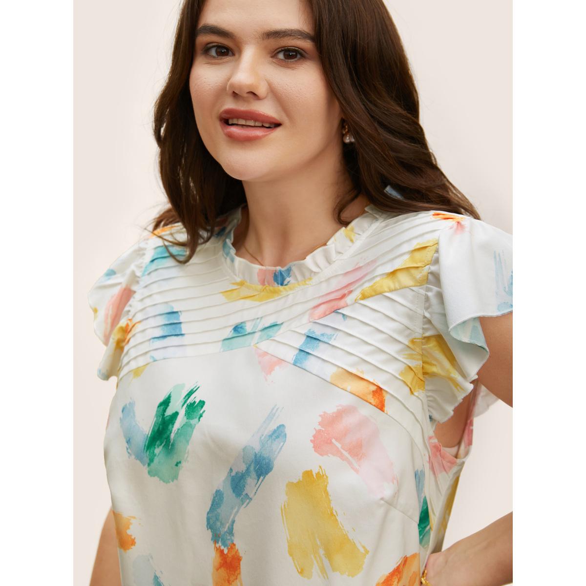 Plus Size Multicolor Brush Print Pleated Ruffle Cap Sleeve Blouse Women Elegant Cap Sleeve Mock Neck Everyday Blouses BloomChic 26/4X Product Image