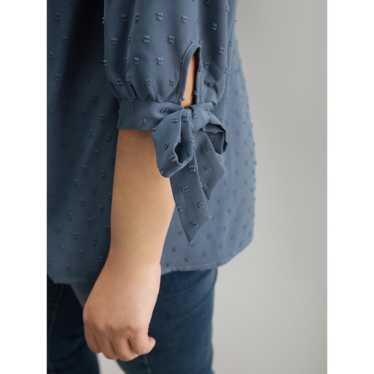 Plus Size Stone Textured Embroidered Frill Trim Tie Neck Blouse Women Vacation Long Sleeve Tie Neck Dailywear Blouses BloomChic 28/5X Product Image