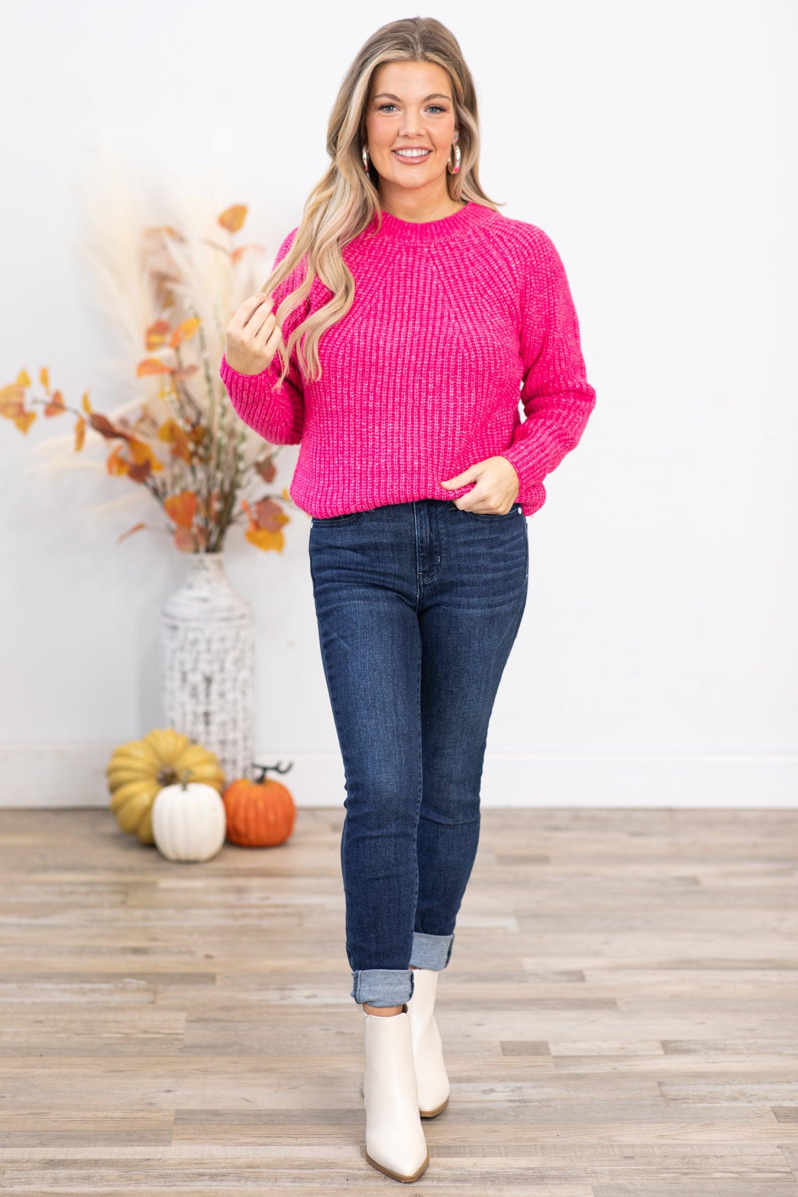 Hot Pink Ribbed Round Neck Sweater Product Image