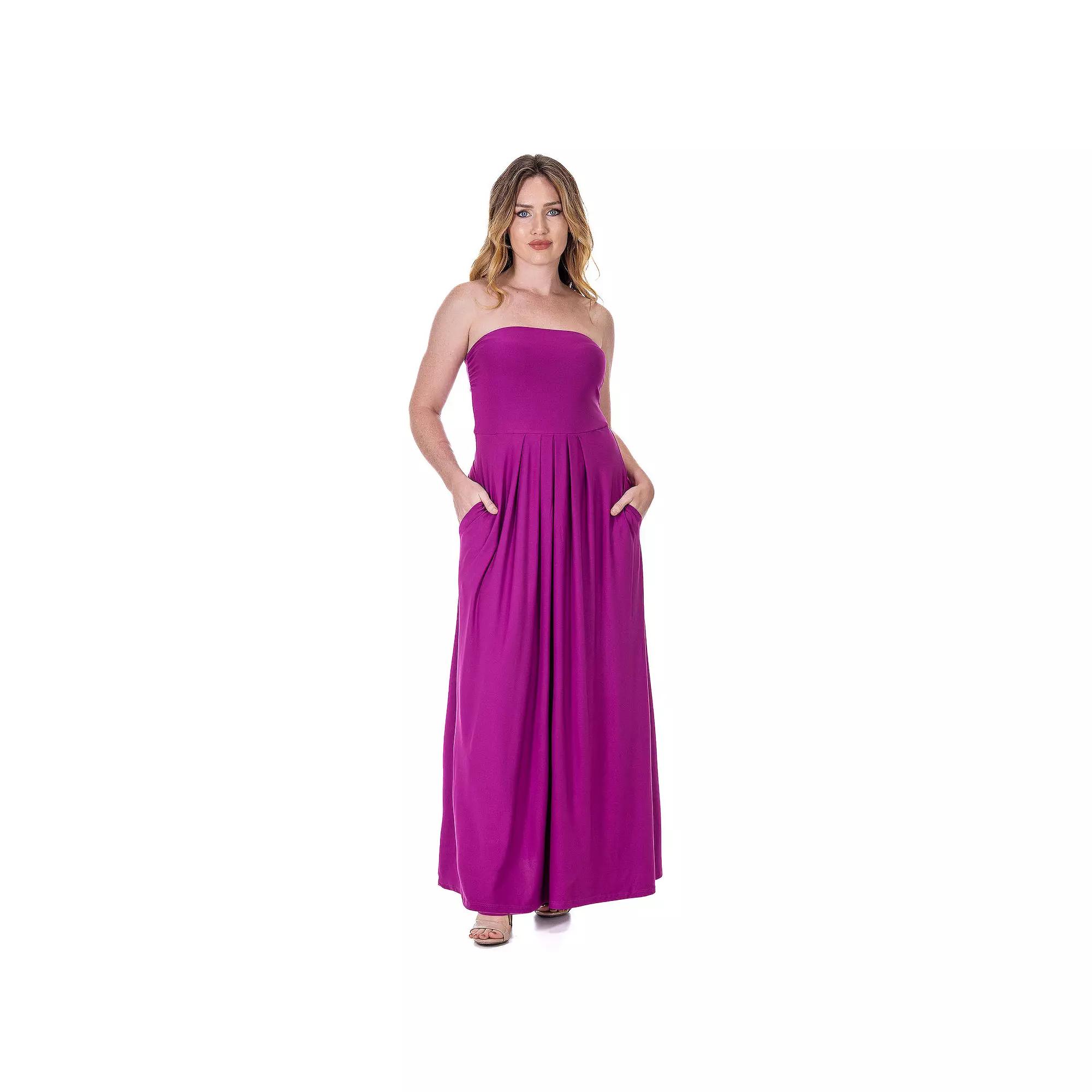 Women's 24Seven Comfort Apparel Pleated A Line Strapless Maxi Dress With Pockets,  Product Image