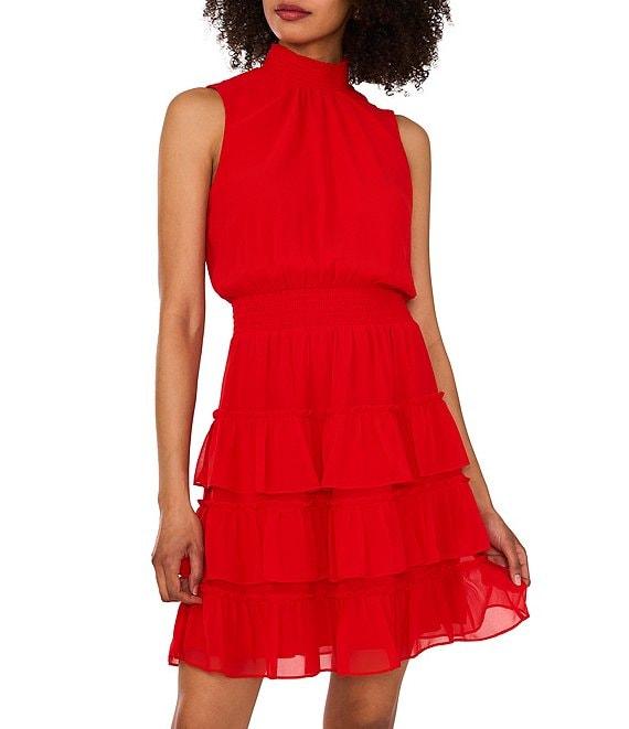1. STATE Smocked Mock Neck Sleeveless Ruffle Tiered Mini Dress Product Image