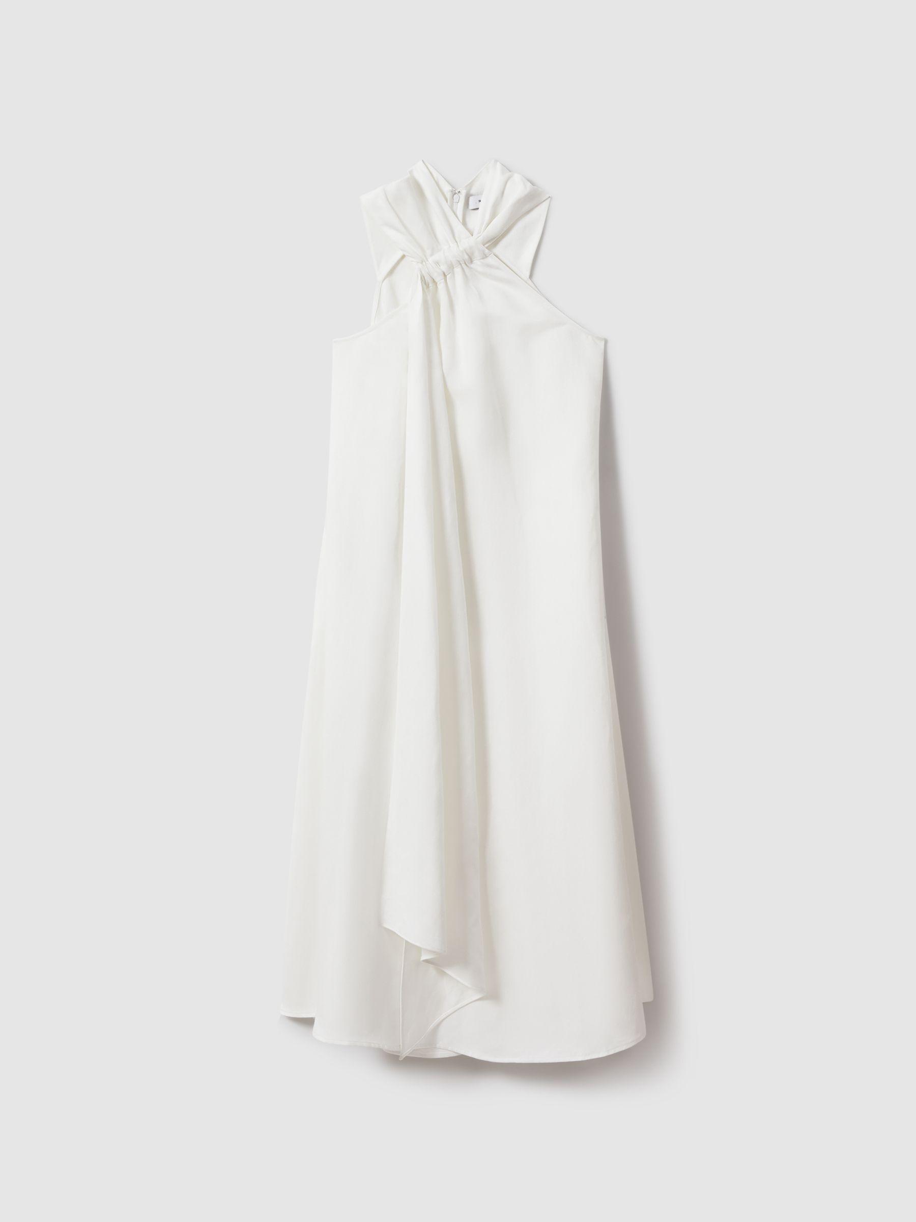 Linen Blend Drape Midi Dress in White Product Image