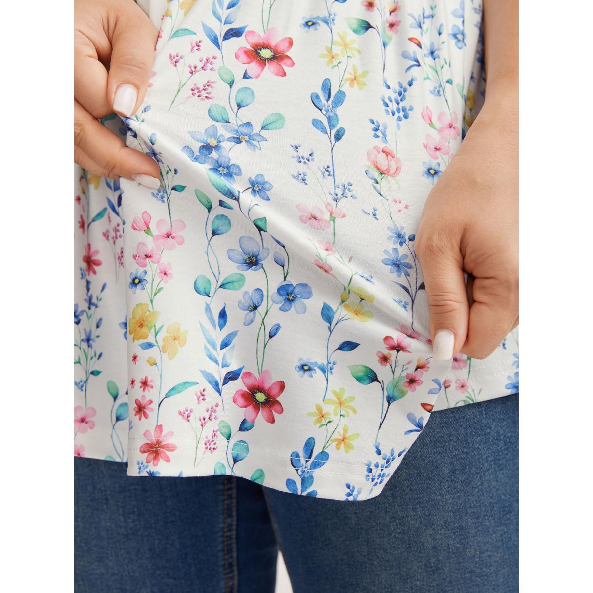 Plus Size Floral Print Stretchy Colorful Babydoll Top Women WhiteSmoke Leisure Gathered Round Neck Casual Tank Tops Camis BloomChic 18-20/2X Product Image