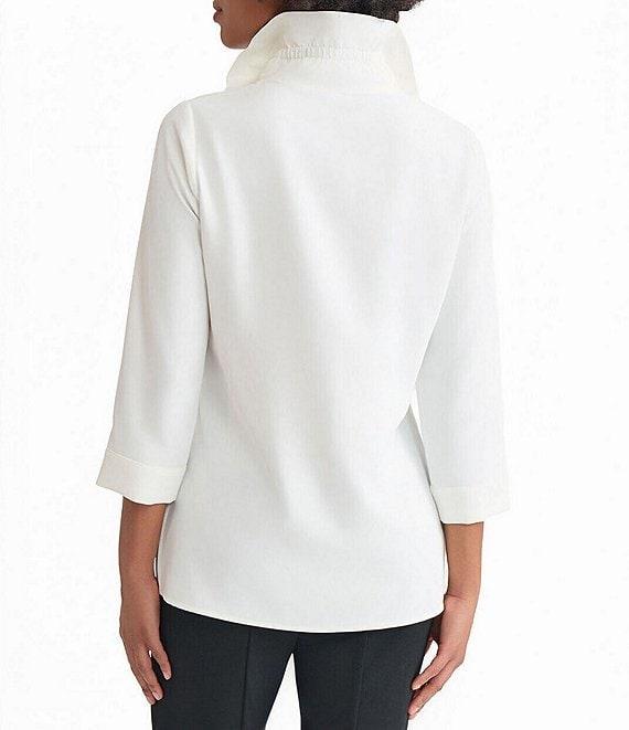 Ming Wang Crepe De Chine Ruffle Neck 3/4 Sleeve Button Front Top Product Image