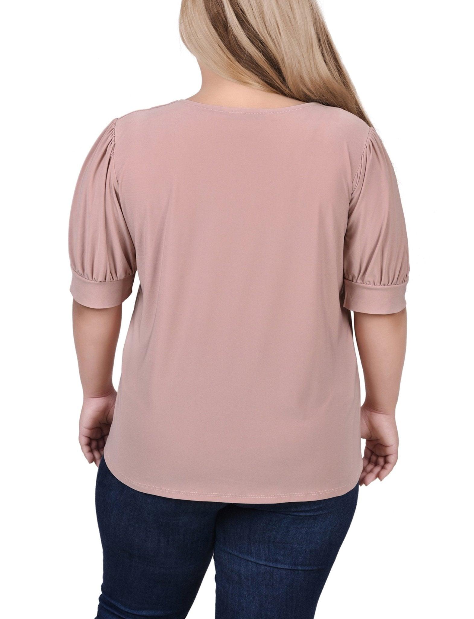 Oxford Tan Short Sleeve Balloon Sleeve Top With Hardware - Plus Product Image