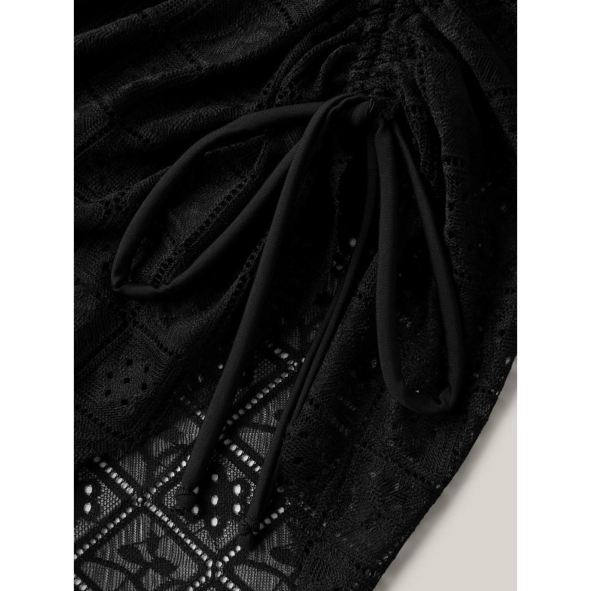 Plus Size Lace Adjustable Coverage Drawstring Swim Bottoms Women's Swimwear Black Resort See through High stretch Skinny Mid Rise Curve Swim Bottoms BloomChic 28/5X Product Image