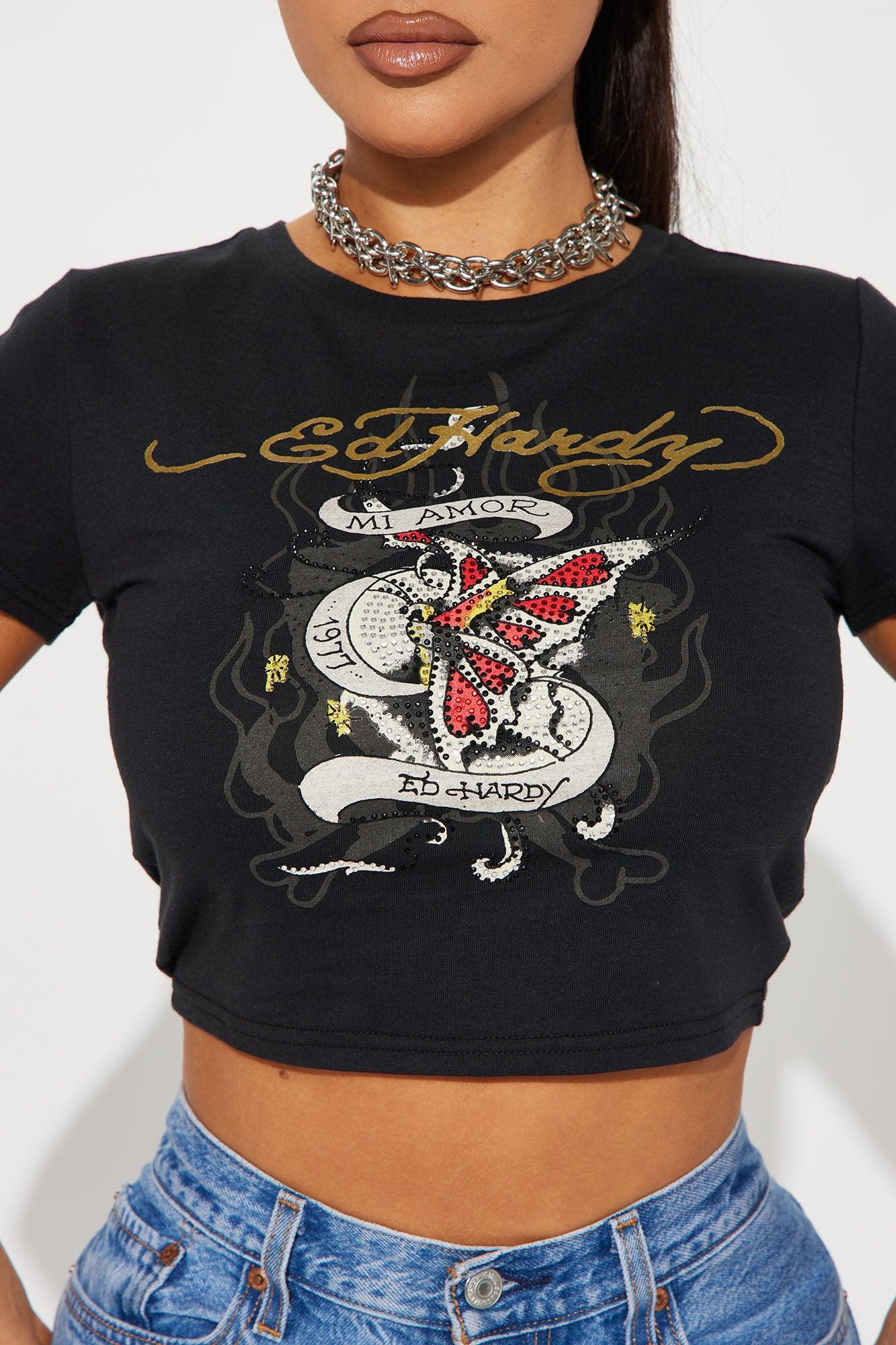 Ed Hardy Mi Amor Rhinestone Tee - Black Product Image