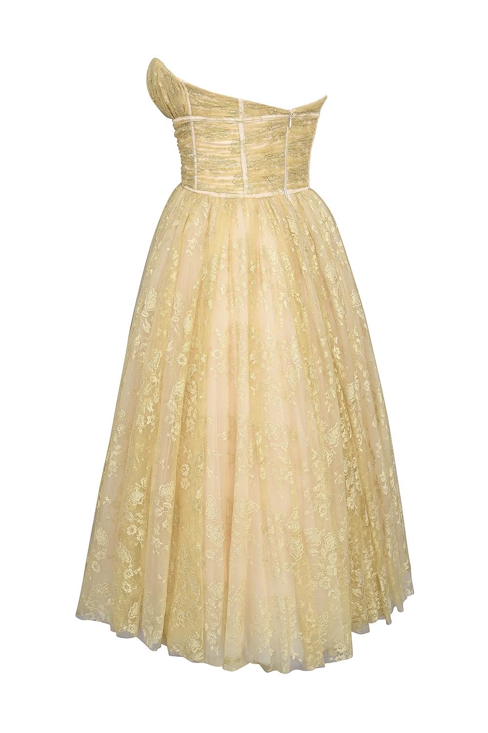 Madame  gold metallic lace tulle midi gown Product Image
