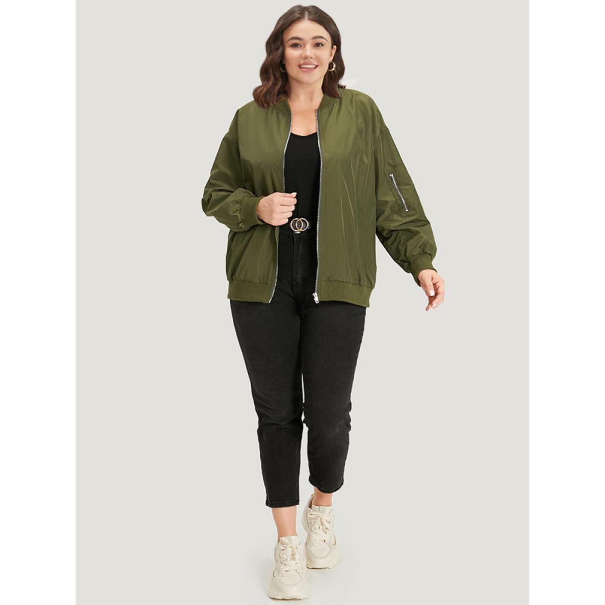Plus Size Plain Zipper Pocket Elastic Cuffs Jacket Women ArmyGreen Plain Pocket Dailywear Jackets BloomChic 12/L Product Image