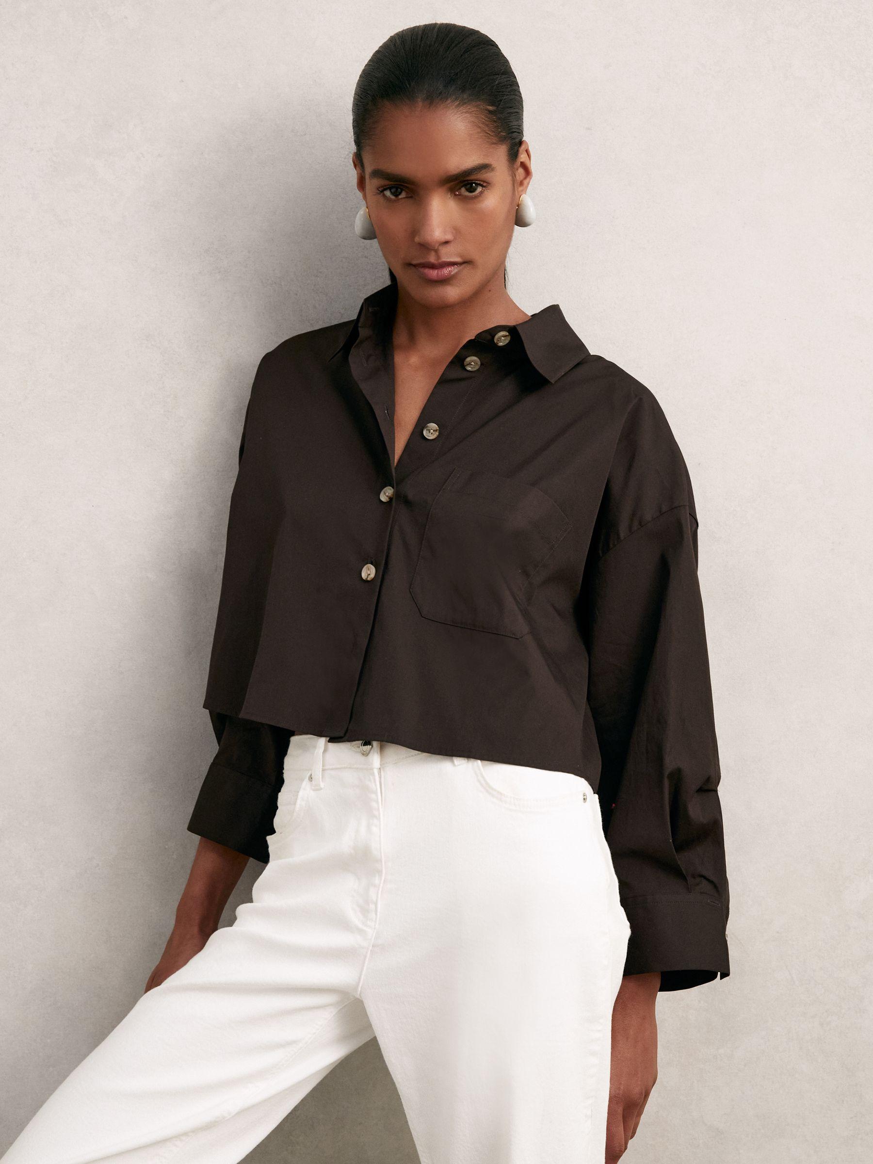 Oversize Cotton Cropped Shirt in Chocolate Brown Product Image