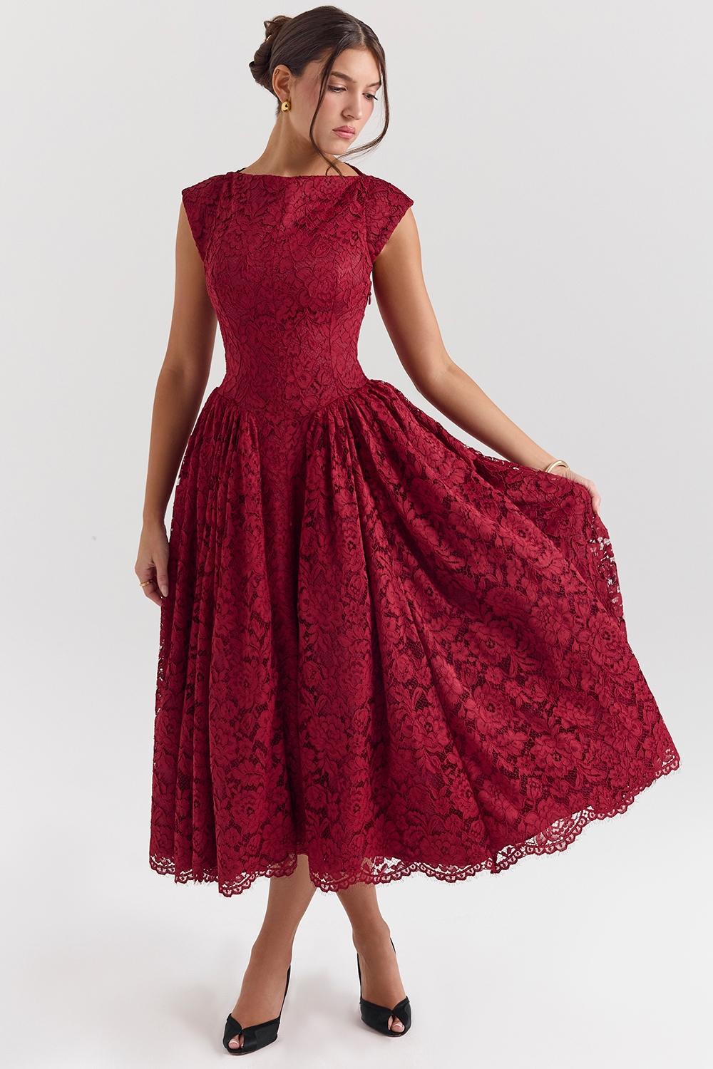 Debutante  berry lace backless midi dress Product Image
